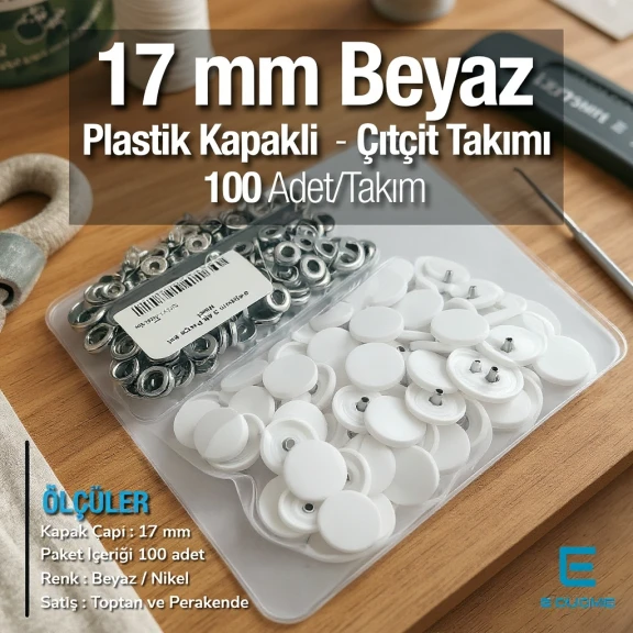Plastic Cap Snap Fastener Set with 17 mm - 0,67" White 100 pieces/pack ERC0017PLBeyaz