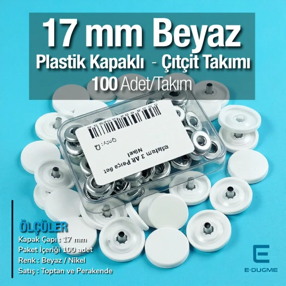 Plastic Cap Snap Fastener Set with 17 mm - 0,67" White 100 pieces/pack ERC0017PLBeyaz