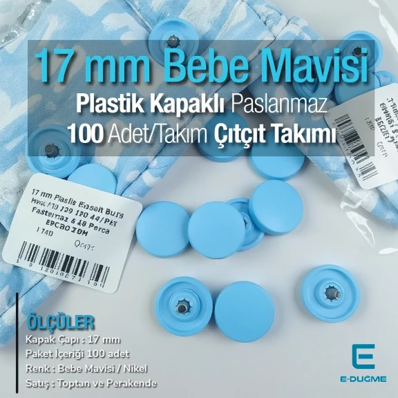 17 mm Çıtçıt Takımı Plastik Bebe Mavisi Kapaklı 100 adet/pkt ERC0017PLBmavi