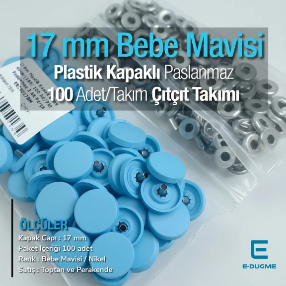 17 mm Çıtçıt Takımı Plastik Bebe Mavisi Kapaklı 100 adet/pkt ERC0017PLBmavi