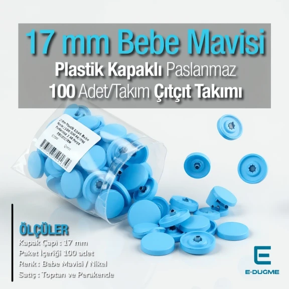 17 mm Çıtçıt Takımı Plastik Bebe Mavisi Kapaklı 100 adet/pkt ERC0017PLBmavi