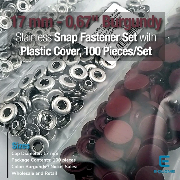 17 mm Çıtçıt Takımı Plastik Bordo Kapaklı 100 adet/pkt ERC0017PLBrd