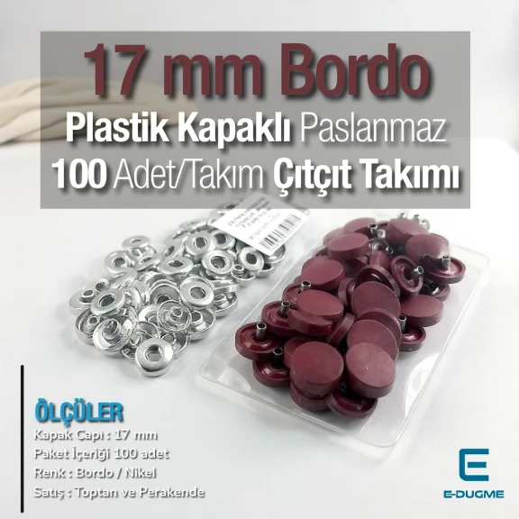 17 mm Çıtçıt Takımı Plastik Bordo Kapaklı 100 adet/pkt ERC0017PLBrd