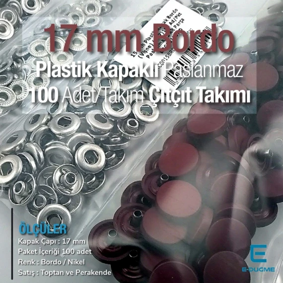 17 mm Çıtçıt Takımı Plastik Bordo Kapaklı 100 adet/pkt ERC0017PLBrd