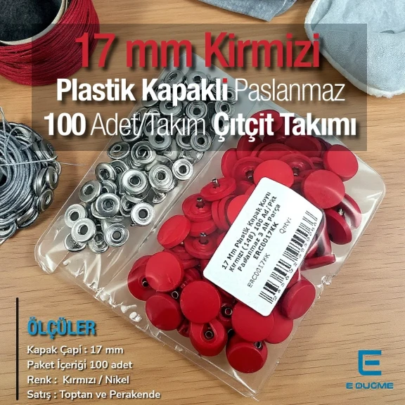 Snap Fastener Set with Cap Plastic 17 mm - 0,67" Red 100 pieces/pack ERC0017PLDRed