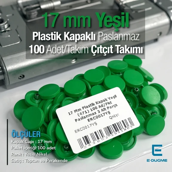 Plastik Kapaklı Çıtçıt Takımı 17 mm Yeşil 100 adet/pkt ERC0017PLYesil