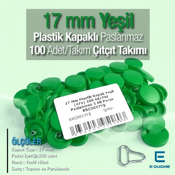 Plastik Kapaklı Çıtçıt Takımı 17 mm Yeşil 100 adet/pkt ERC0017PLYesil