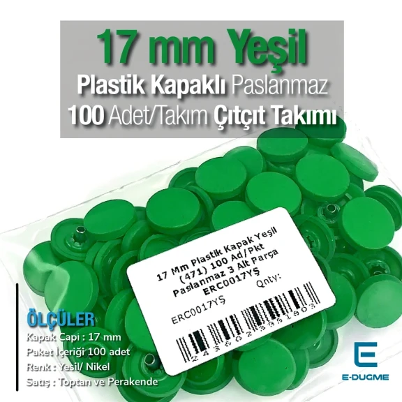 Plastik Kapaklı Çıtçıt Takımı 17 mm Yeşil 100 adet/pkt ERC0017PLYesil