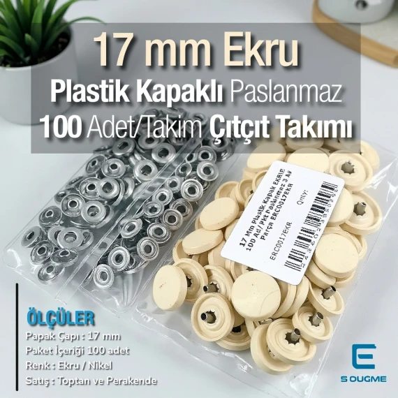 17 mm Çıtçıt Takımı Plastik Ekru Kapaklı 100 adet/pkt ERC0017PLEcru