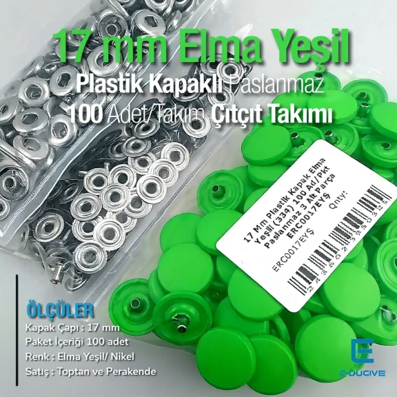 Plastik Kapaklı Çıtçıt Takımı 17 mm Elma Yeşili 100 adet/pkt ERC0017PLEYesil