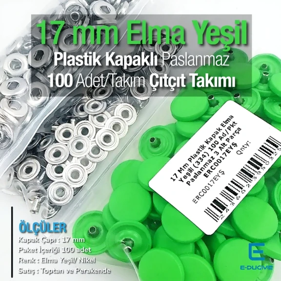 Plastik Kapaklı Çıtçıt Takımı 17 mm Elma Yeşili 100 adet/pkt ERC0017PLEYesil