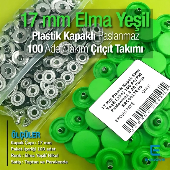 Plastik Kapaklı Çıtçıt Takımı 17 mm Elma Yeşili 100 adet/pkt ERC0017PLEYesil