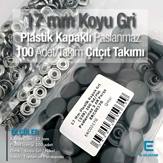 Snap Fastener Set with Cap Plastic 17 mm - 0,67" Dark Grey 100 pieces/pack ERC0017PLGri
