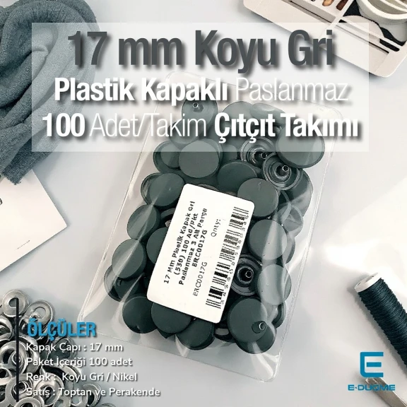 17 mm Çıtçıt Takımı Plastik Koyu Gri Kapaklı 100 adet/pkt ERC0017PLGri