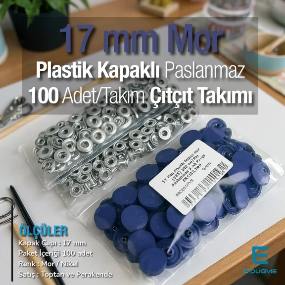 17 mm Plastik Kapaklı Çıtçıt Takımı Mor 100 adet/pkt ERC0017PLMor