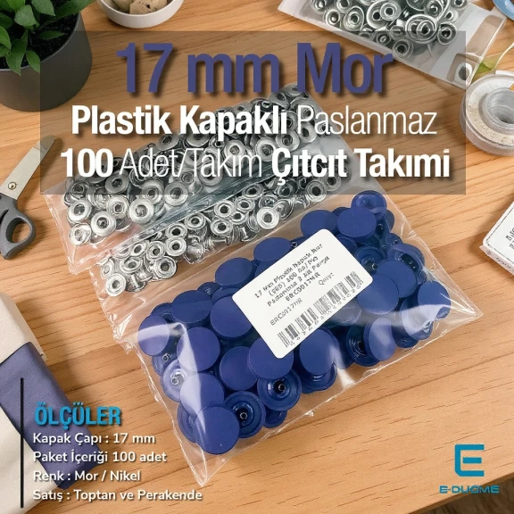 17 mm Plastik Kapaklı Çıtçıt Takımı Mor 100 adet/pkt ERC0017PLMor
