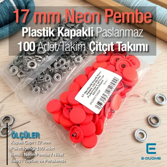 17 mm Plastik Kapaklı Çıtçıt Takımı Neon Pembe 100 adet/pkt ERC0017PLNPembe