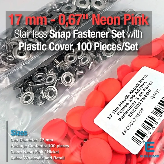 17 mm Plastik Kapaklı Çıtçıt Takımı Neon Pembe 100 adet/pkt ERC0017PLNPembe