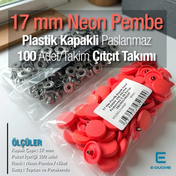 17 mm Plastik Kapaklı Çıtçıt Takımı Neon Pembe 100 adet/pkt ERC0017PLNPembe