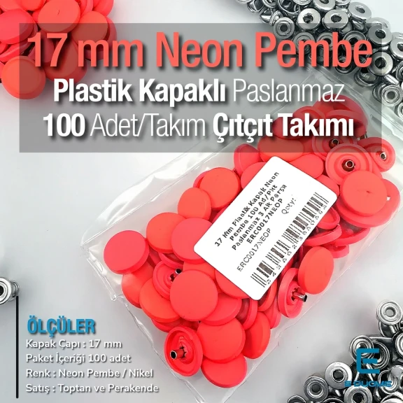 17 mm Plastik Kapaklı Çıtçıt Takımı Neon Pembe 100 adet/pkt ERC0017PLNPembe