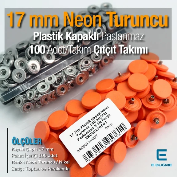17 mm Plastik Kapaklı Çıtçıt Takımı Neon Turuncu 100 adet/pkt ERC0017PLNTuruncu