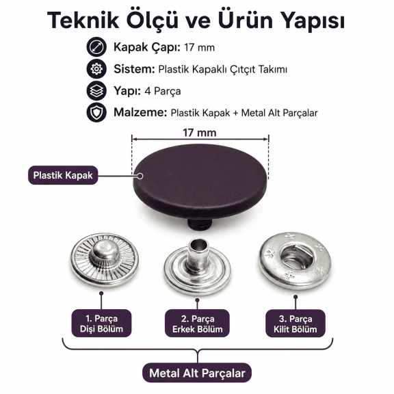 17 mm Patlıcan Moru Plastik Kapaklı Çıtçıt Takımı - 100 Takım ERC0017PLPMoru