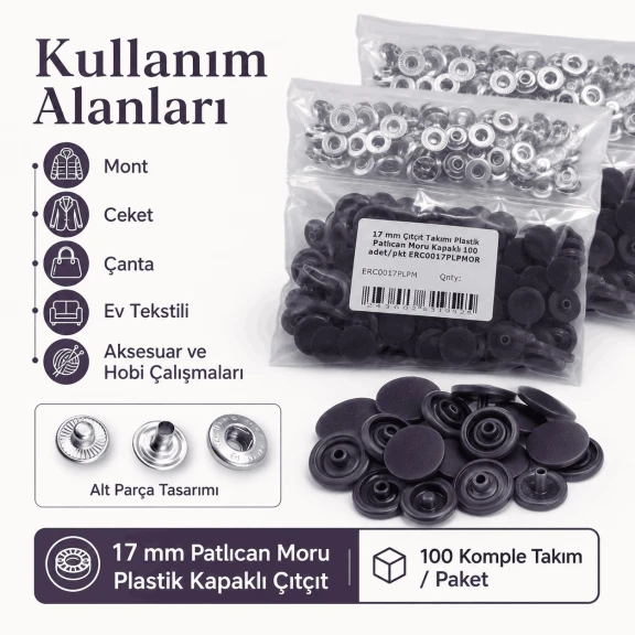 17 mm Patlıcan Moru Plastik Kapaklı Çıtçıt Takımı - 100 Takım ERC0017PLPMoru