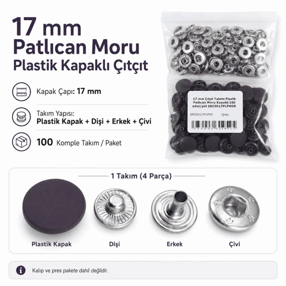 17 mm Patlıcan Moru Plastik Kapaklı Çıtçıt Takımı 100 Takım ERC0017PLPMoru