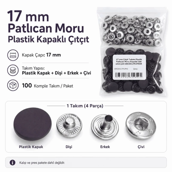 17 mm Patlıcan Moru Plastik Kapaklı Çıtçıt Takımı - 100 Takım ERC0017PLPMoru