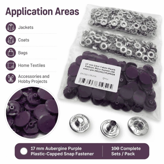 17 mm Patlıcan Moru Plastik Kapaklı Çıtçıt Takımı - 100 Takım ERC0017PLPMoru