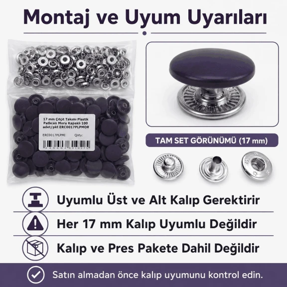 17 mm Patlıcan Moru Plastik Kapaklı Çıtçıt Takımı - 100 Takım ERC0017PLPMoru