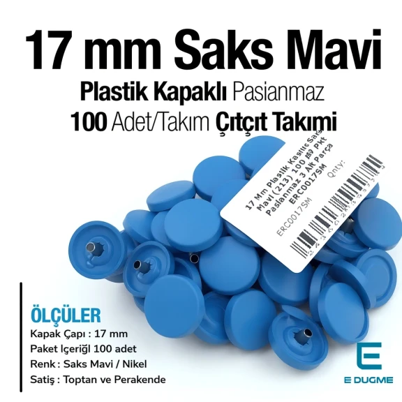 17 mm Çıtçıt Takımı Plastik Kapaklı Saks Mavi 100 adet/pkt ERC0017PLSMavi