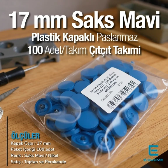 17 mm Çıtçıt Takımı Plastik Kapaklı Saks Mavi 100 adet/pkt ERC0017PLSMavi
