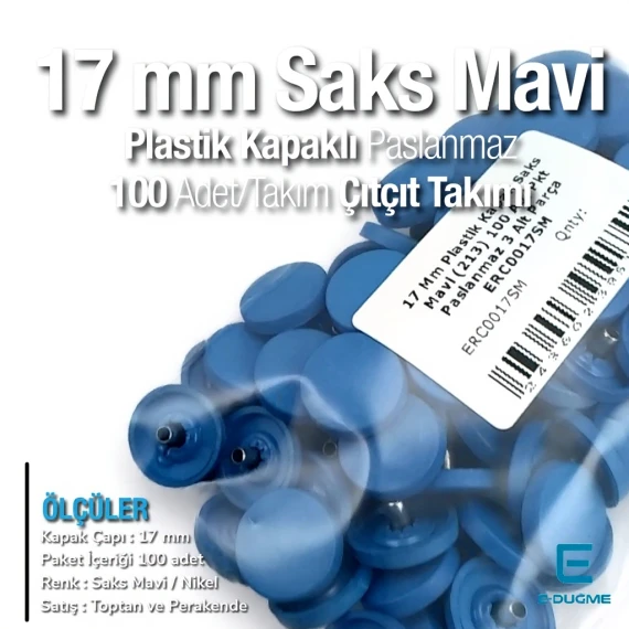 17 mm Çıtçıt Takımı Plastik Kapaklı Saks Mavi 100 adet/pkt ERC0017PLSMavi