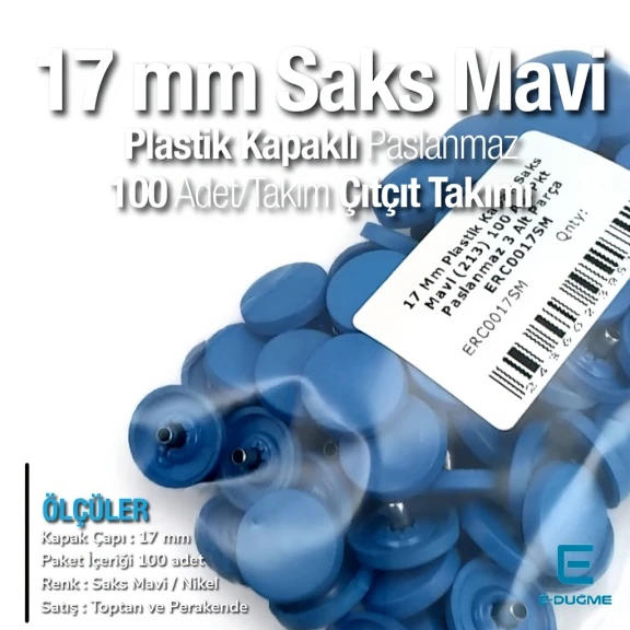 17 mm Çıtçıt Takımı Plastik Kapaklı Saks Mavi 100 adet/pkt ERC0017PLSMavi