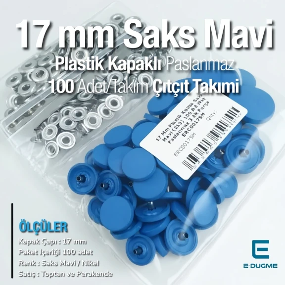 17 mm Çıtçıt Takımı Plastik Kapaklı Saks Mavi 100 adet/pkt ERC0017PLSMavi