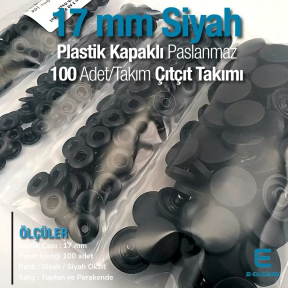 Plastic Cap Snap Fastener Set with 17 mm - 0,67" Black 100 pieces/pack ERC0017PLSiyah