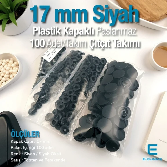 Plastic Cap Snap Fastener Set with 17 mm - 0,67" Black 100 pieces/pack ERC0017PLSiyah