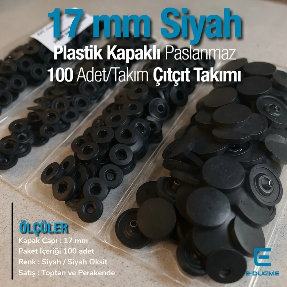 Plastic Cap Snap Fastener Set with 17 mm - 0,67" Black 100 pieces/pack ERC0017PLSiyah