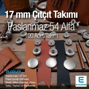 17 mm Çıtçıt Takımı Gümüş Renk Kapaklı 100 adet/pkt ERC0017PNK