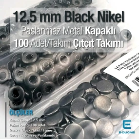 12,5 mm Hafif Bombeli Paslanmaz Çıtçıt Siyah Nikel (Füme) Çıtçıt Düğme 54 Sistem 100 Ad / Paket ERCA00125PSN