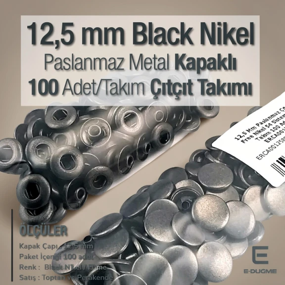 12.5 mm 0.49" Slightly Domed Stainless Steel Snap Fastener Black Nickel (Gunmetal) Snap Button 54 System 100 Pieces / Pack ERCA00125PSN