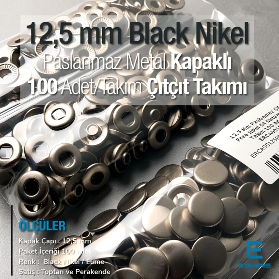 12.5 mm 0.49" Slightly Domed Stainless Steel Snap Fastener Black Nickel (Gunmetal) Snap Button 54 System 100 Pieces / Pack ERCA00125PSN