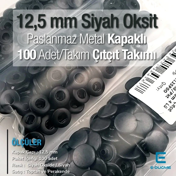 12,5 mm Hafif Bombeli Paslanmaz Çıtçıt Siyah Oksit Çıtçıt Düğme 54 Sistem 100 Ad / Paket ERCA00125PSO