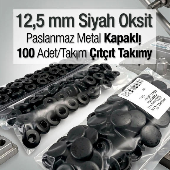 12,5 mm Hafif Bombeli Paslanmaz Çıtçıt Siyah Oksit Çıtçıt Düğme 54 Sistem 100 Ad / Paket ERCA00125PSO
