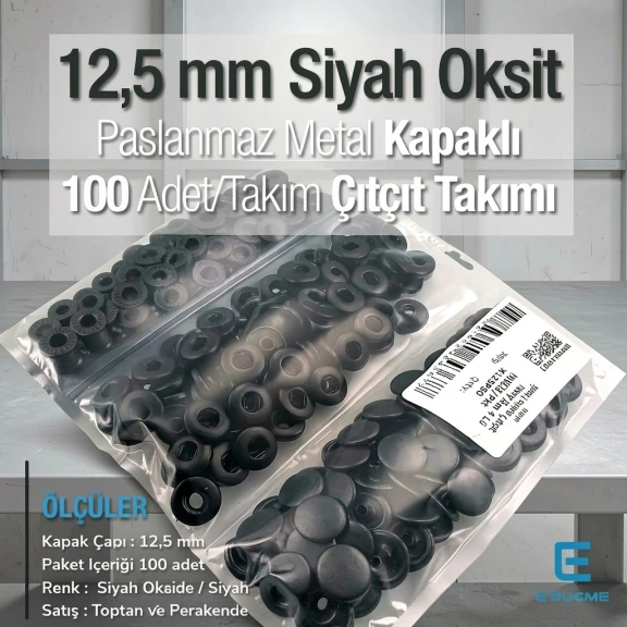 12,5 mm Hafif Bombeli Paslanmaz Çıtçıt Siyah Oksit Çıtçıt Düğme 54 Sistem 100 Ad / Paket ERCA00125PSO