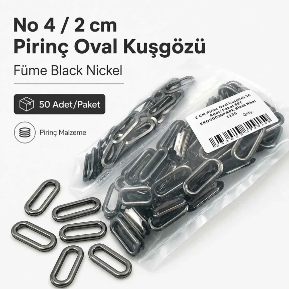 No 4 / 2 cm Pirinç Oval Kuşgözü Füme Black Nickel - 50 Adet, çanta, ayakkabı ve dekoratif tekstil için ideal metal aksesuar