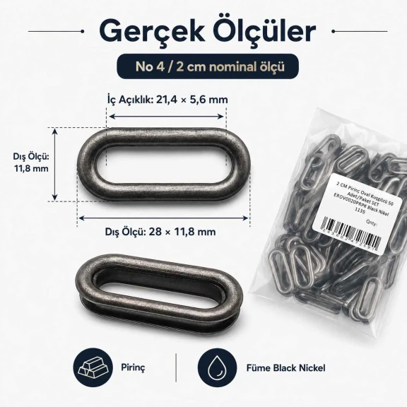 No 4 / 2 cm Pirinç Oval Kuşgözü Füme Black Nickel - 50 Adet, çanta, ayakkabı ve dekoratif tekstil için ideal metal aksesuar