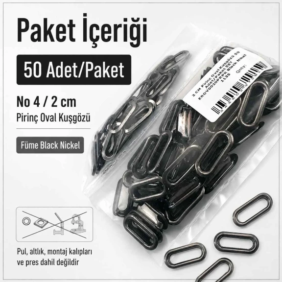 No 4 / 2 cm Pirinç Oval Kuşgözü Füme Black Nickel - 50 Adet, çanta, ayakkabı ve dekoratif tekstil için ideal metal aksesuar