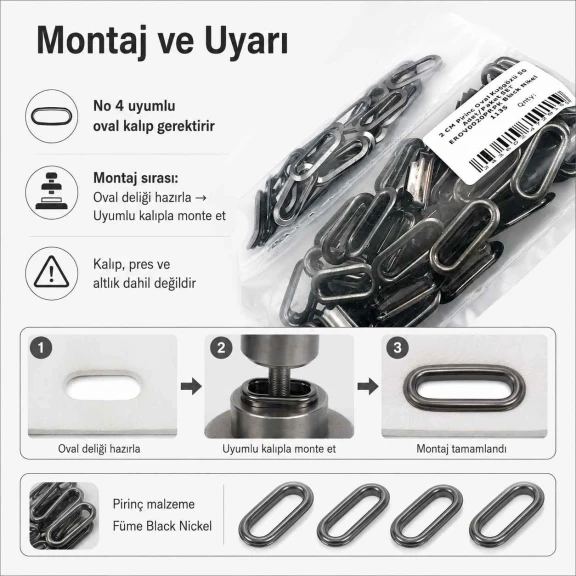 No 4 / 2 cm Pirinç Oval Kuşgözü Füme Black Nickel - 50 Adet, çanta, ayakkabı ve dekoratif tekstil için ideal metal aksesuar